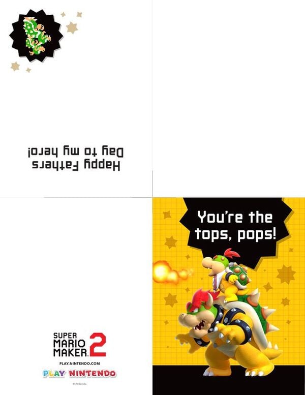 Printable Super Mario Maker 2 Father's Day card featuring Bowser and Bowser Jr.