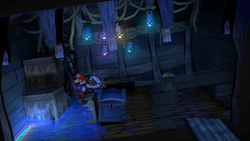 Mario near the P-Down, D-Up badge in Pirate's Grotto of Paper Mario: The Thousand-Year Door for Nintendo Switch.