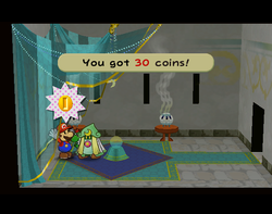 Mario getting 30 Coins from Merlee in Rogueport Sewers of Paper Mario: The Thousand-Year Door.