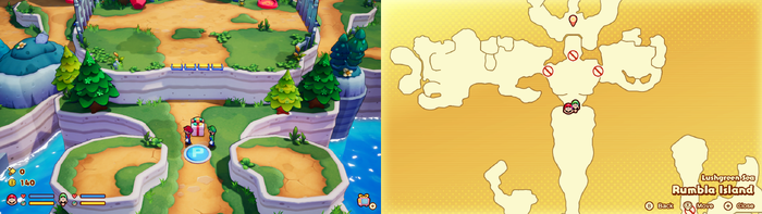 Mario and Luigi near a present containing a Dirt-Cheap Wear on Rumbla Island of Mario & Luigi: Brothership.