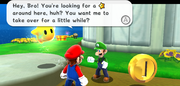 Luigi talking to Mario in Sky Station Galaxy. Yoshi's House is behind them.