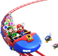 Mario, Luigi, a Talking Flower, and a group of Toads riding a roller coaster with a pair of Para-Biddybuds flying nearby in Carnival Coaster