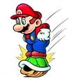 Mario stomping on a Green Shell