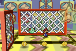Mario finding 3 Coins at between the nets on the conveyor belts in Green Station in Shy Guy's Toy Box of Paper Mario.