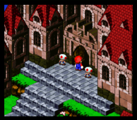 Mario at the entrance of the Mushroom Castle in Super Mario RPG: Legend of the Seven Stars.