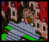 Mario at the entrance of the Mushroom Castle in Super Mario RPG: Legend of the Seven Stars.