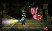 Luigi encounters a red Grabbing Ghost and Purple Puncher in the Storage Room of Luigi's Mansion for the Nintendo 3DS.