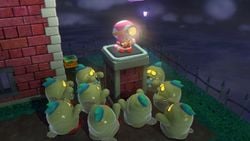 Toadette ambushed by a swarm of Mud Troopers.