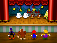 Curtain Call: A group of characters being tasked on memorizing the position of the dancing creatures onstage. From Mario Party 3.