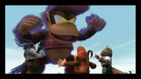 A screenshot of Fox McCloud, Falco Lombardi, Diddy Kong, and Giant False Diddy Kong.
