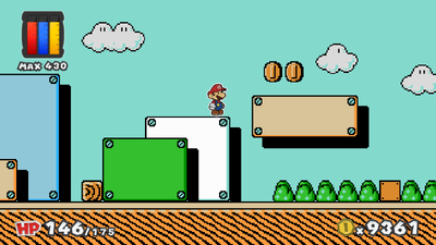 Mario near 2 Coins in Green Energy Plant of Paper Mario: Color Splash.