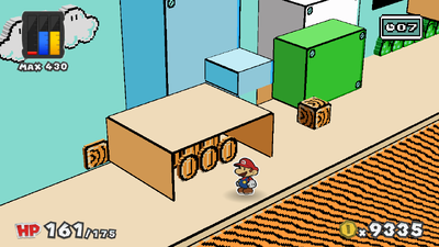 Mario near 9 Coins in Green Energy Plant of Paper Mario: Color Splash.
