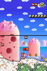 A Pink Yoshi carrying Baby Mario through the level Hit the M Blocks! in Yoshi's Island DS