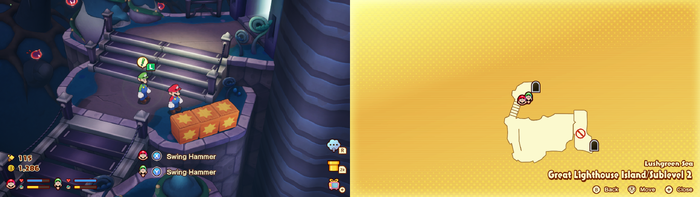Mario and Luigi near wooden crates containing 2 Coins on Great Lighthouse Island of the Lushgreen Sea of Mario & Luigi: Brothership.