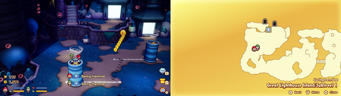 Mario and Luigi near 7 Coins and a 10-Coin on Great Lighthouse Island of the Lushgreen Sea of Mario & Luigi: Brothership.