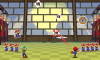 Luigi just threw a paper shuriken to Wiggler's head during Trio Shuriken.