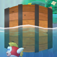 Squared screenshot of a floating barrel from New Super Mario Bros. Wii.