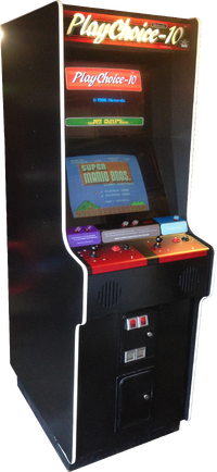 A Nintendo PlayChoice-10 dual-screen cabinet featuring Super Mario Bros.