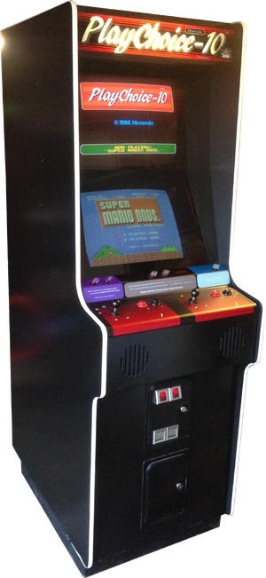 A Nintendo PlayChoice-10 dual-screen cabinet featuring Super Mario Bros.