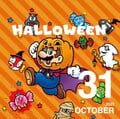 Halloween: Mario in his Halloween attire jumps upward while surrounded by a Goomba, Bob-ombs, a Blooper, a Cheep Cheep, a Swoop, a Bullet Bill, and a Magikoopa dressed up as a zombie, various candies, a mummy, a witch, in green, a bat, and a ghost, respectively.
