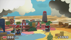 Mario fighting the Shy Bandit.