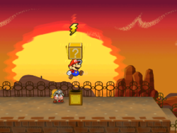 Screenshot of Mario revealing a hidden ? Block (containing a Thunder Rage) in Riverside Station, in Paper Mario: The Thousand-Year Door.
