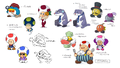 Concept art of the Excess Express passengers and staff, including an early version of Zip Toad with blue spots rather than red.