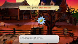 Mario getting the Star Piece behind the right tree in Twilight Town in the remake of the Paper Mario: The Thousand-Year Door for the Nintendo Switch.