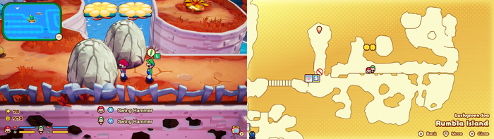 Mario and Luigi near breakable rocks containing a Coin on Rumbla Island of Mario & Luigi: Brothership.