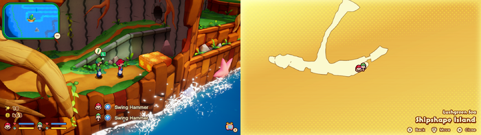 Mario and Luigi near wooden crates containing a Super Mushroom on Shipshape Island of Mario & Luigi: Brothership.