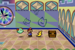 Mario finding Thunder Rage in front of a chest in Shy Guy's Toy Box of Paper Mario.