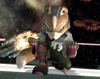 Fox McCloud doing a taunt for a split-second in Super Smash Bros. Brawl