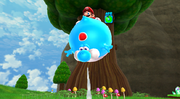 Mario traveling upward on Blimp Yoshi.