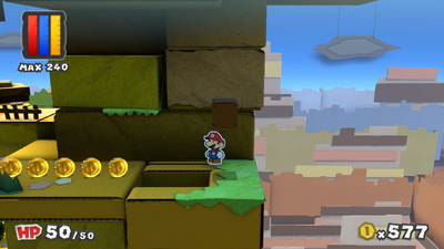 Mario near 5 Coins in Daffodil Peak of Paper Mario: Color Splash.