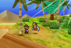 Mario finding the first Coin in the scene F7 of Dry Dry Desert of Paper Mario.