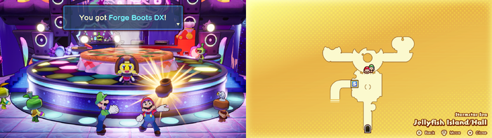 Mario and Luigi being given the Forge Boots DX by Adaphne (or her look-alike) on Jellyfish Island of Mario & Luigi: Brothership.