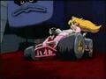 Peach driving by a Thwomp in a Japanese commercial for Mario Kart 64
