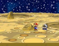 Mario near the rock containing a Courage Shell on the Moon of Paper Mario: The Thousand-Year Door.