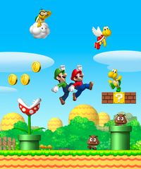 New Super Mario Bros. group artwork, which is used as the game cover in every region except North America and Australia