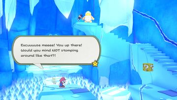 An icy bridge is destroyed by falling icicles in the Ice Vellumental Mountain of Paper Mario: The Origami King.