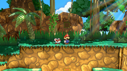 Mario at a hidden ? Block location in Keelhaul Key, in the remake of the Paper Mario: The Thousand-Year Door for the Nintendo Switch.
