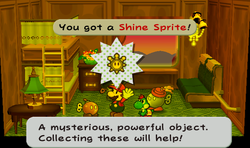 Mario next to the Shine Sprite from Bub in Paper Mario: The Thousand-Year Door.