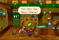 Mario getting a Star Piece from Goompa in the Goomba house.