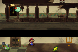 Mario finding a Star Piece on the big table in Tubba Blubba's Castle in Paper Mario
