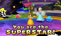 Princess Daisy being declared the Superstar by Rosalina on Rocket Road.
