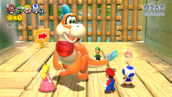 Screenshot of the playable characters approaching Plessie and a Sprixie in Plessie's Plunging Falls in Super Mario 3D World