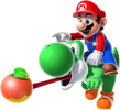 Artwork of Mario riding Yoshi as he eats a fruit in Super Mario Galaxy 2.