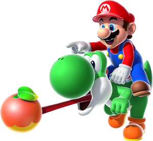 Artwork of Mario riding Yoshi as he eats a fruit in Super Mario Galaxy 2.