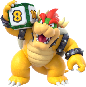 Artwork of Bowser holding his Bowser Dice Block from Super Mario Party