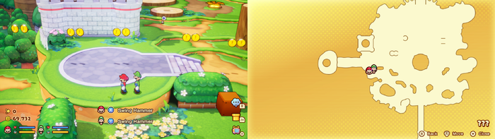 Mario and Luigi near 10 Coins in the illusionary Mushroom Kingdom area of Soli-Tree of Mario & Luigi: Brothership.